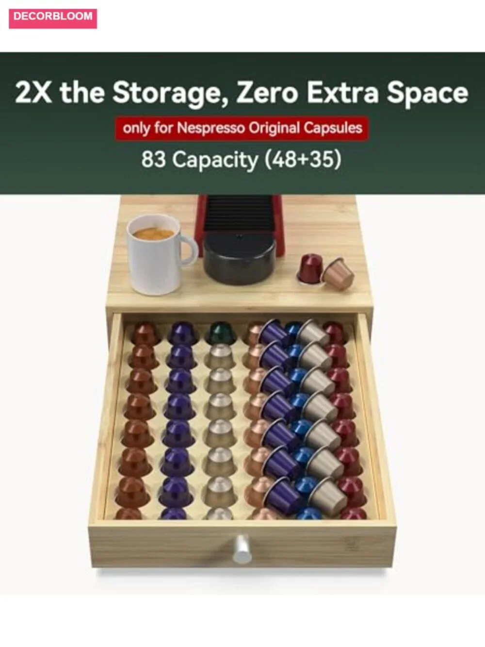 Bamboo Coffee Pod Holder 48 Pod Countertop Machine Stand Organizer Nespresso